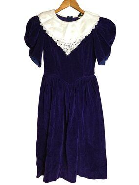 Vintage Girls Purple Velvet Dress Lace Collar Puff Sleeves Basque Waist Size 6